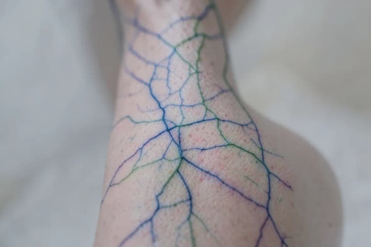 Veias azuis e verdes proeminentes sob a pele de uma perna, em plano detalhe.