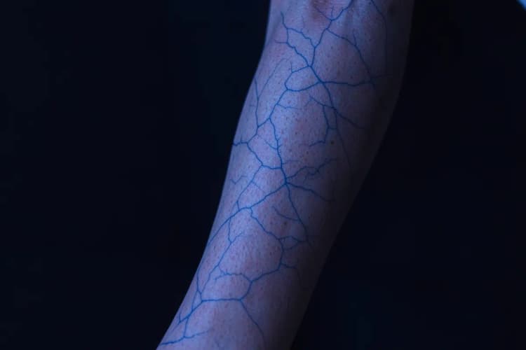 Perna com veias azuis, em plano detalhe, com fundo escuro.