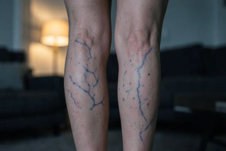 Pernas com veias varicosas azuis, em plano americano, com fundo de sala de estar.
