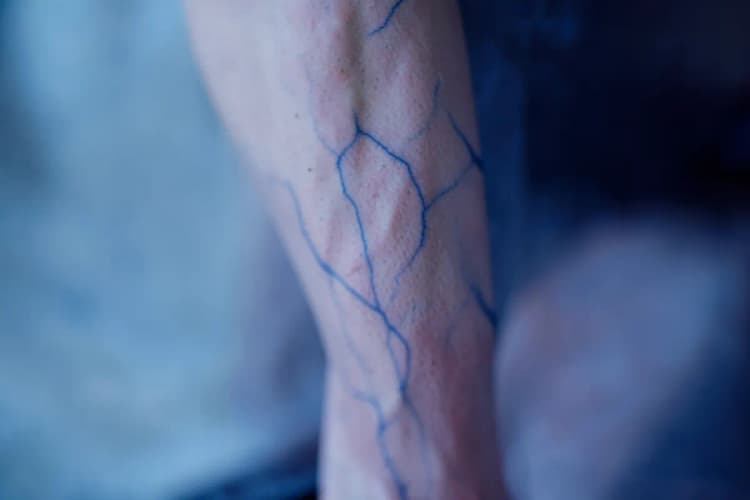 Perna com veias azuis visíveis, em plano médio, com fundo desfocado.