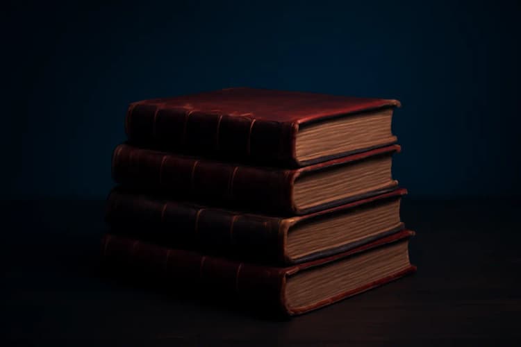 Pilha de livros antigos sobre uma mesa de madeira escura, simbolizando conhecimento e causas.