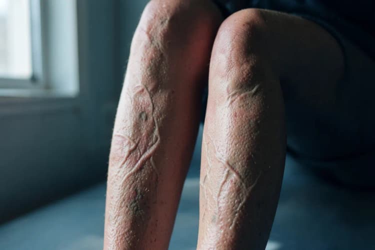 Um close-up de pernas com veias varicosas visíveis, sugerindo inchaço e desconforto.