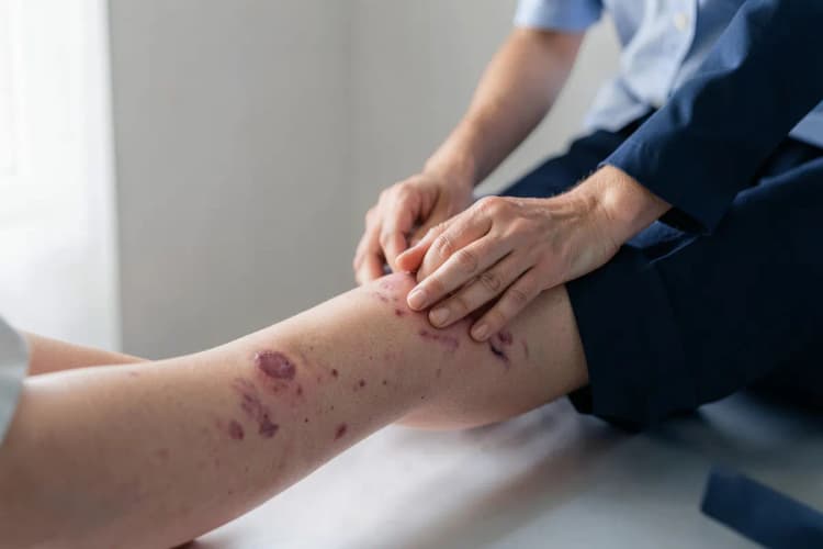 Mãos de médico examinando a perna de um paciente com varizes.