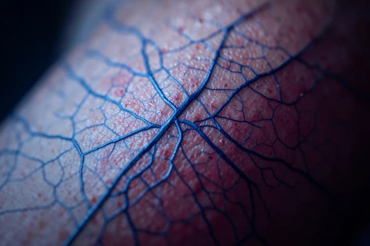 Um close-up de veias azuis sob a pele, representando o sistema vascular.