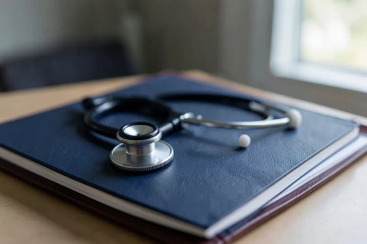 Um close-up de um estetoscópio em cima de um prontuário médico fechado.