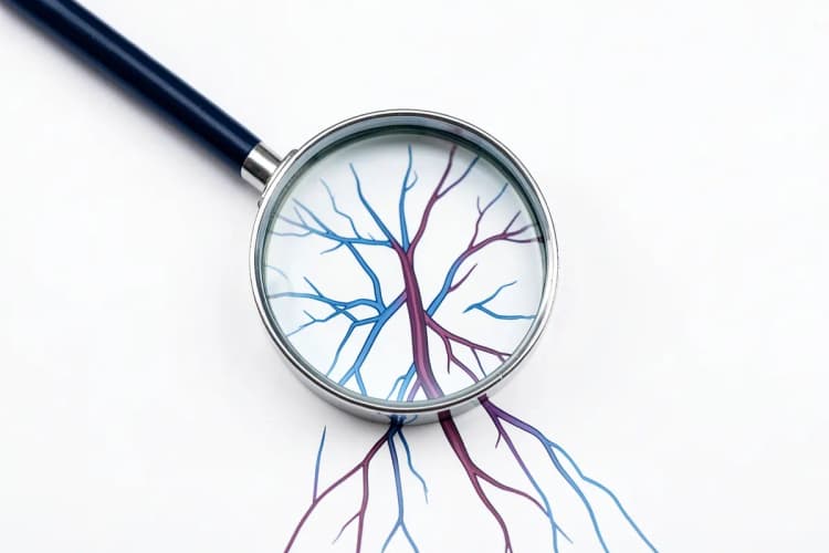 Lupa examinando um diagrama de veias varicosas, simbolizando análise e compreensão.
