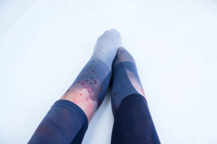 Pernas com inchaço e hematomas visíveis, com meias de compressão, deitadas em uma superfície branca.