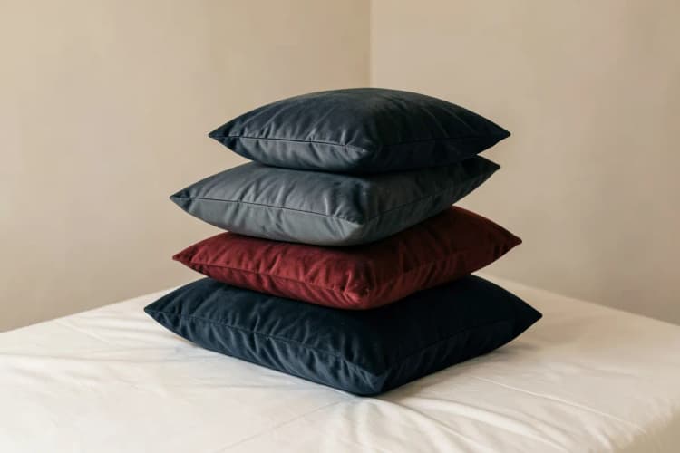 Uma pilha de almofadas de diferentes tamanhos e texturas em cima de uma cama com lençóis brancos, sugerindo conforto.