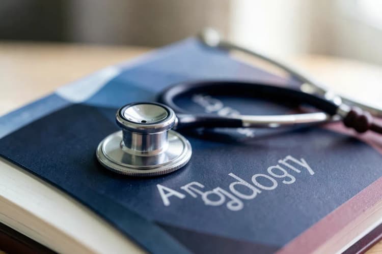 Close-up de estetoscópio sobre um livro aberto de medicina com o título "Angiologia".