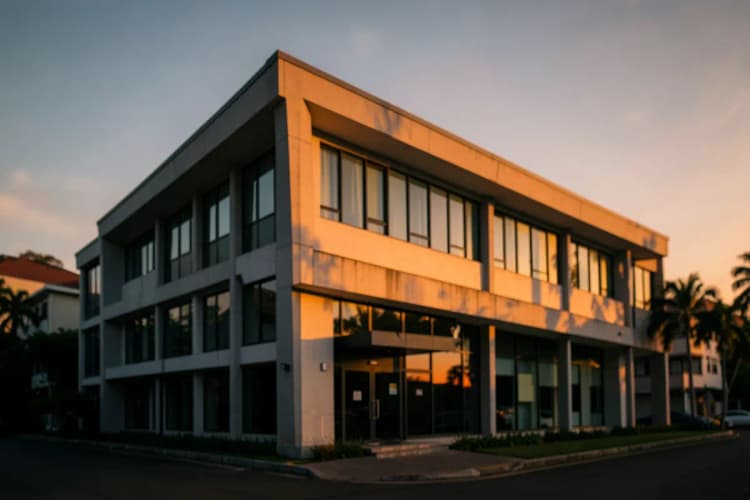 Prédio moderno de clínica médica na Barra da Tijuca ao pôr do sol.