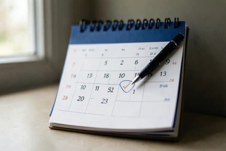 Calendário com um dia marcado com uma caneta e um símbolo de check-off.