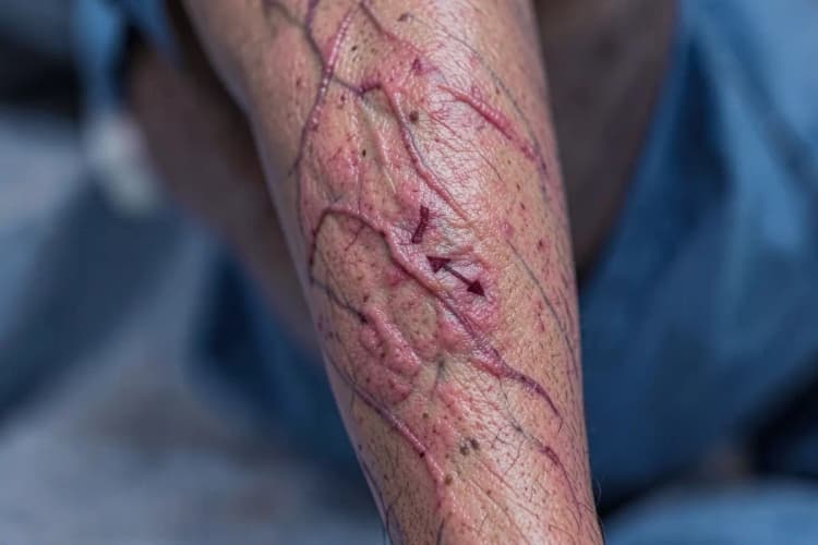 Perna com inchaço e veias visíveis, com uma seta apontando para a área afetada.