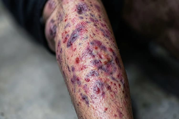 Close-up de uma perna com varizes, mostrando a pele com tons avermelhados e arroxeados, indicando inflamação e possível piora.