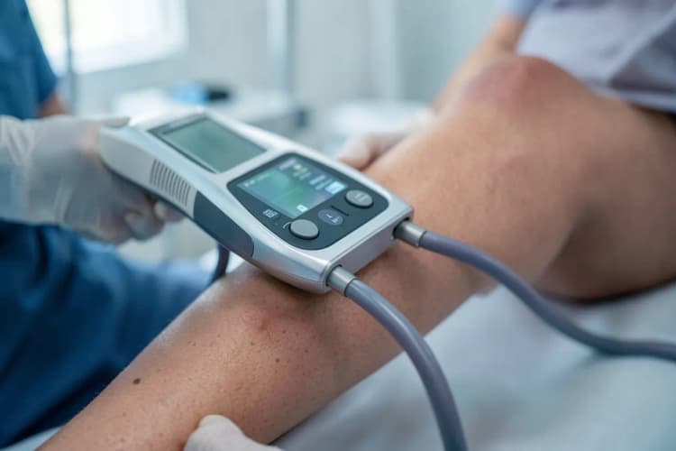 Um médico examinando a perna de um paciente com um aparelho de ultrassom Doppler.