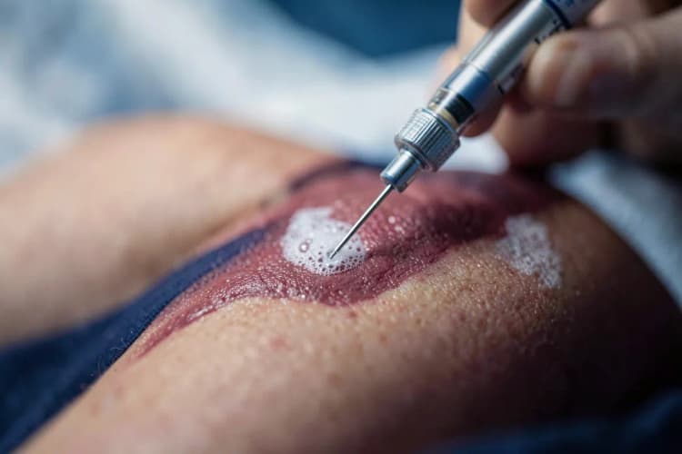 Um close-up de um procedimento de escleroterapia, com uma agulha fina injetando espuma em uma veia.