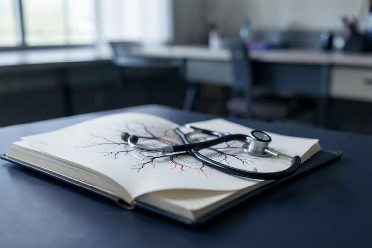 Um estetoscópio sobre um livro aberto de medicina com um gráfico de veias ao fundo