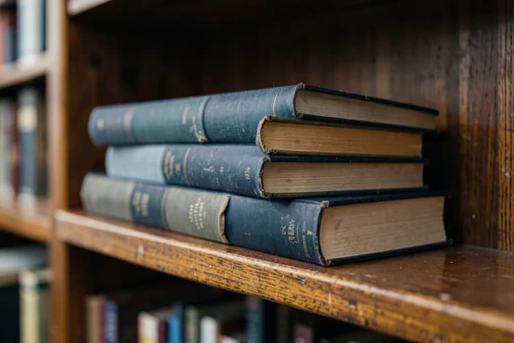 Uma pilha de livros grossos de medicina empilhados em uma prateleira de madeira