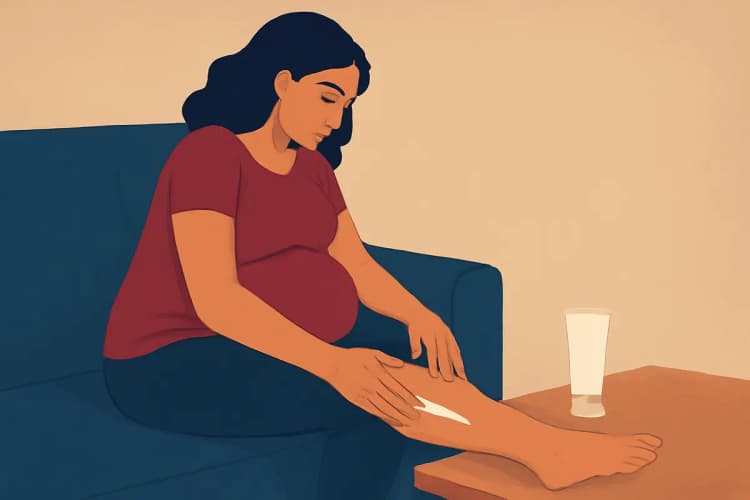 Grávida massageando as pernas com creme, aliviando o desconforto das varizes.