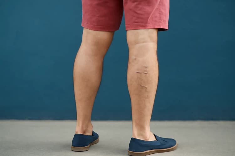 Homem com varizes nas pernas, evidenciando as veias afetadas.