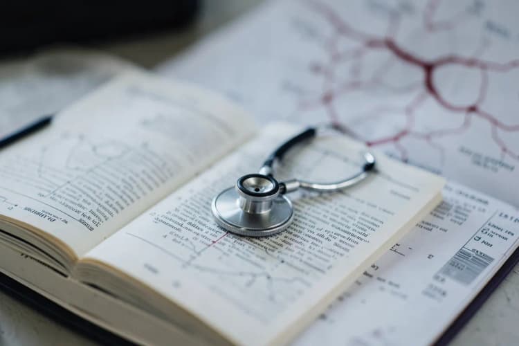 Um close-up de um estetoscópio sobre um livro aberto de medicina com um gráfico de veias ao fundo
