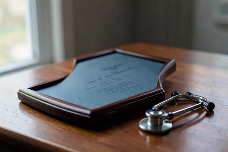 Um diploma de medicina em um porta-retrato sobre uma mesa com um estetoscópio ao lado