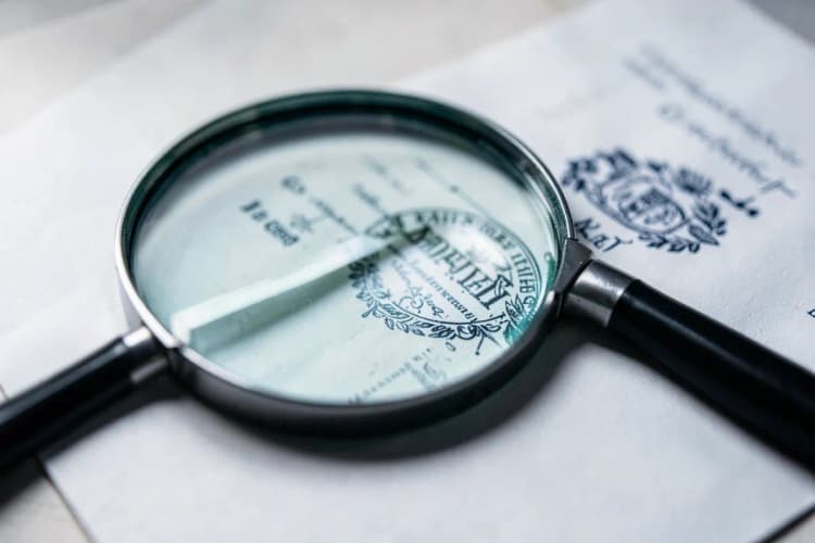 Uma lupa examinando um documento com um selo oficial ao lado