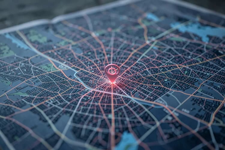 Um mapa estilizado com um marcador de localização em uma cidade grande