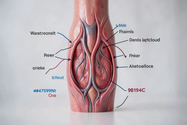 Ilustração médica mostrando a formação de veias varicosas, com setas indicando o fluxo sanguíneo reverso e a dilatação das veias.