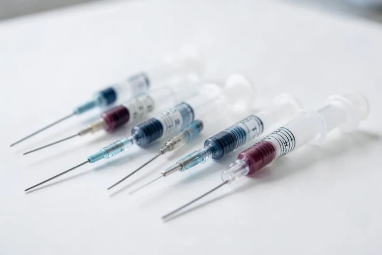 Conjunto de seringas e agulhas finas dispostas sobre uma superfície branca, prontas para um procedimento médico.