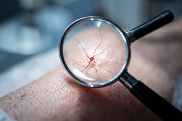 Uma lupa examinando um pequeno vaso sanguíneo sob a pele, simbolizando a necessidade de um especialista.