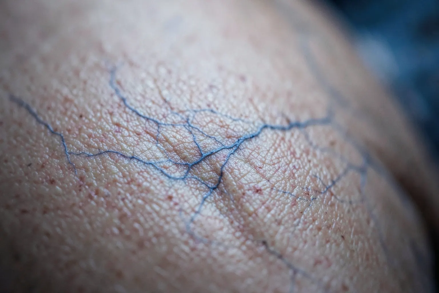 Close-up de veias varicosas azuis e finas sob a pele de uma perna humana, com foco em um pequeno aglomerado de vasos visíveis.