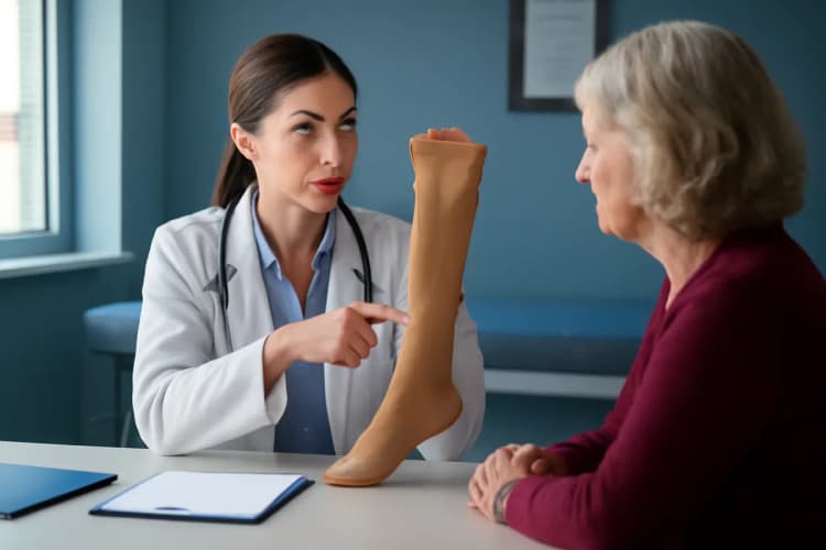 médico recomendando meia de compressão para paciente com varizes