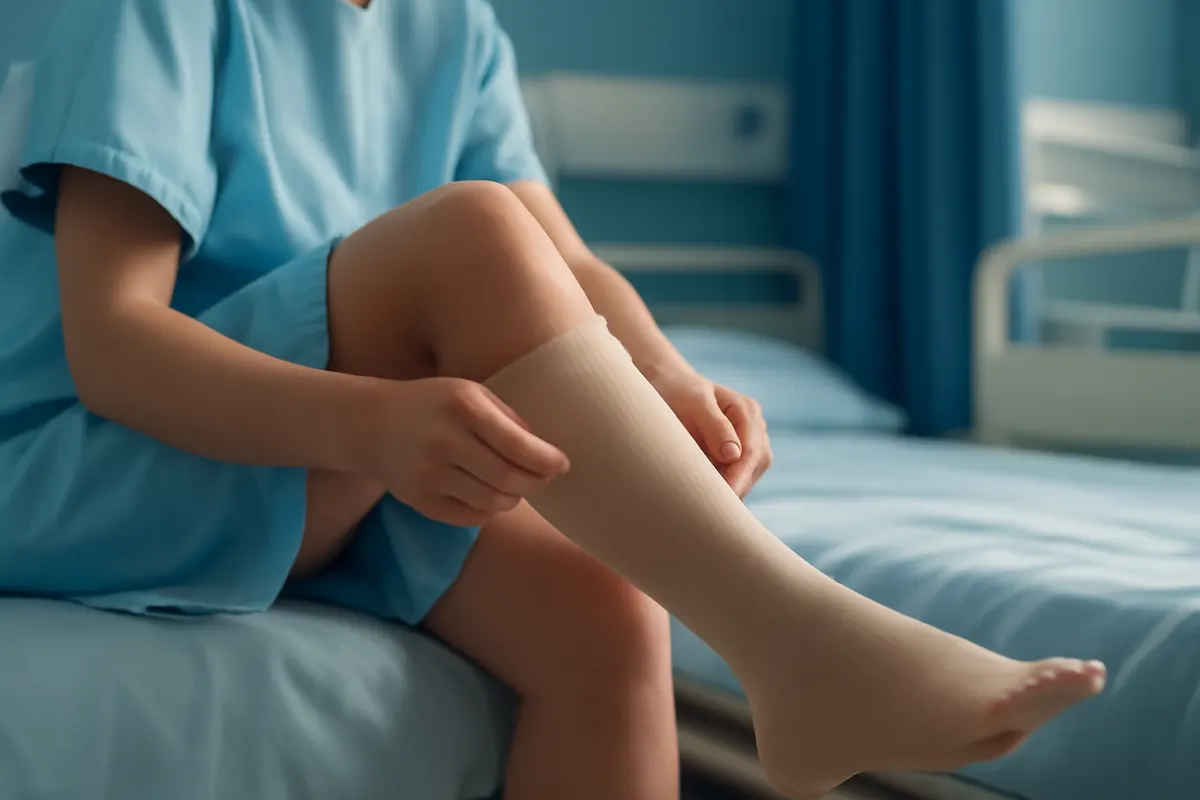 mulher colocando meia de compressão após cirurgia de varizes