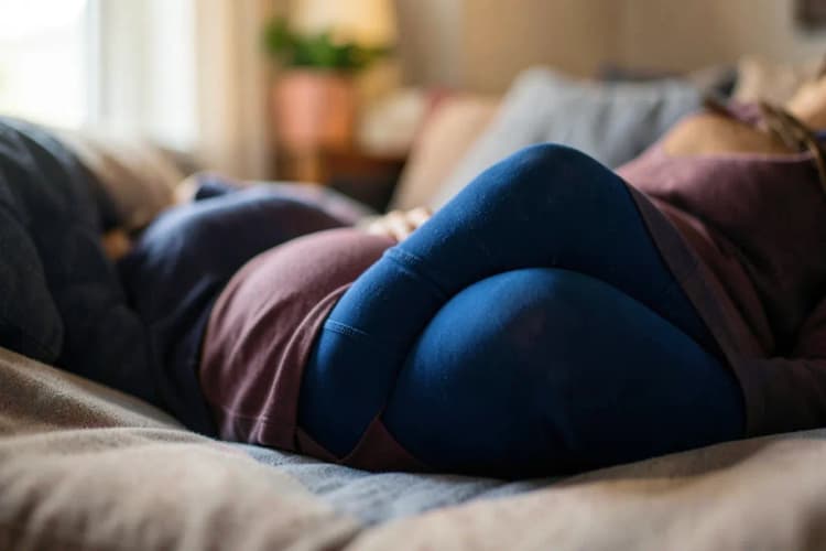 Pernas de uma mulher grávida com meias de compressão azuis, mostrando inchaço sutil nos tornozelos.