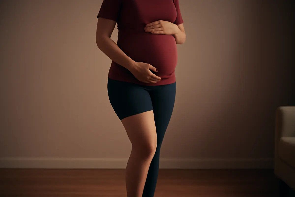 Gestante com barriga proeminente usando meia para varizes