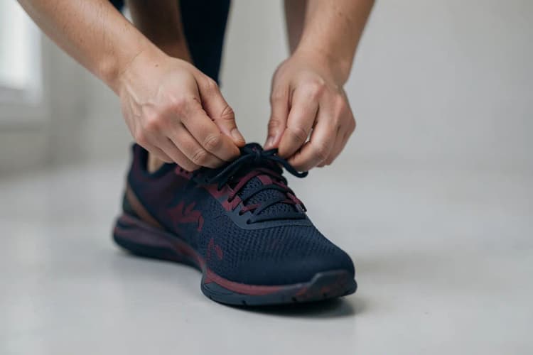 Pessoa amarrando o cadarço de um tênis de corrida antes de um treino.