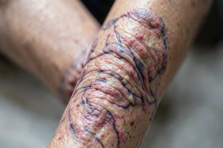 Close-up de veias varicosas em uma perna humana simulada