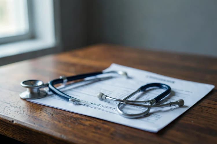 Um estetoscópio e um prontuário médico sobre uma mesa de madeira