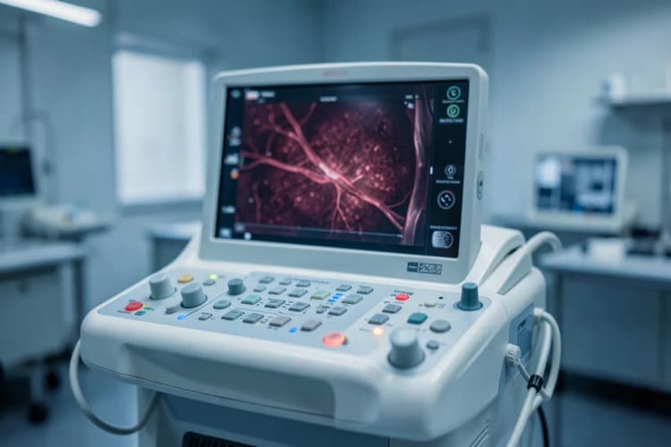 Um aparelho de ultrassom Doppler com a sonda em destaque