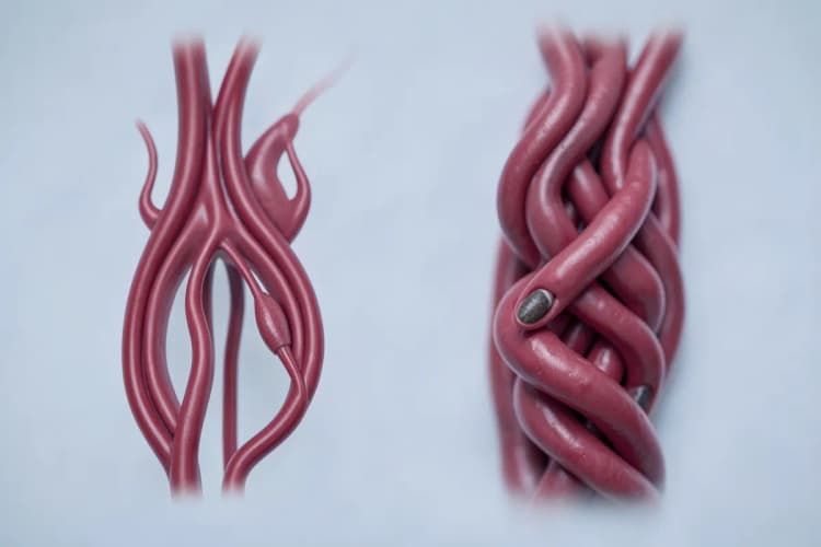 Diagrama esquemático mostrando a anatomia de uma veia saudável em comparação com uma veia varicosa com válvulas defeituosas.