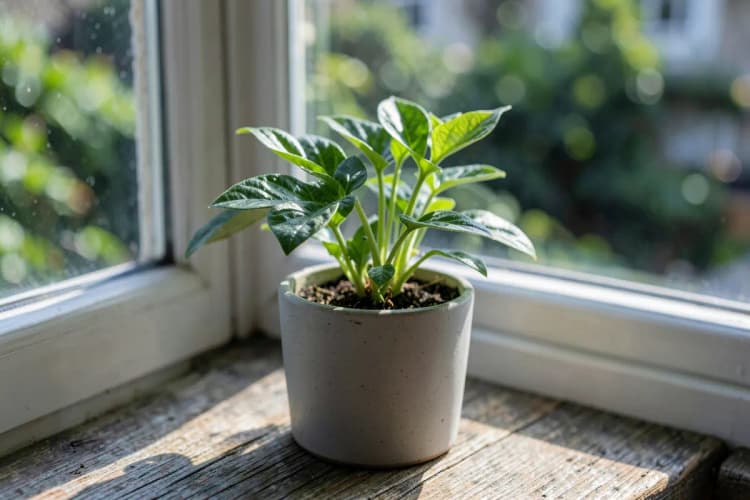 Uma planta verde crescendo vigorosamente a partir de um pequeno vaso de cerâmica em um peitoril de janela ensolarado.