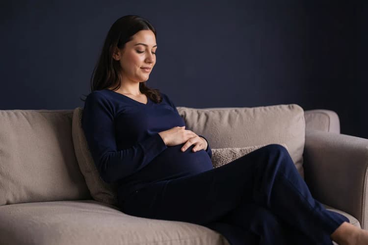 Grávida sentada com a mão na barriga e pernas levemente inchadas.
