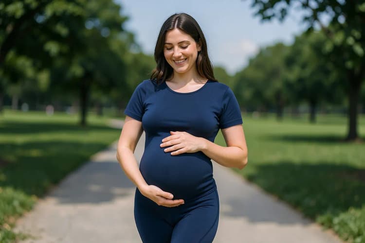 Qual a melhor meia de compressão para gestantes? Grávida sorrindo, usando meia de compressão na barriga e pernas, plano americano