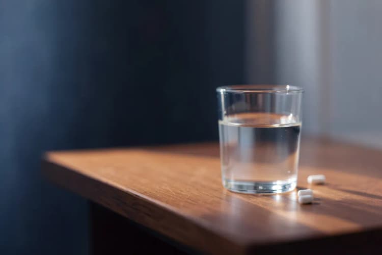 Pílulas e um copo d'água sobre uma mesa, representando cuidados pré-relação após cirurgia de varizes