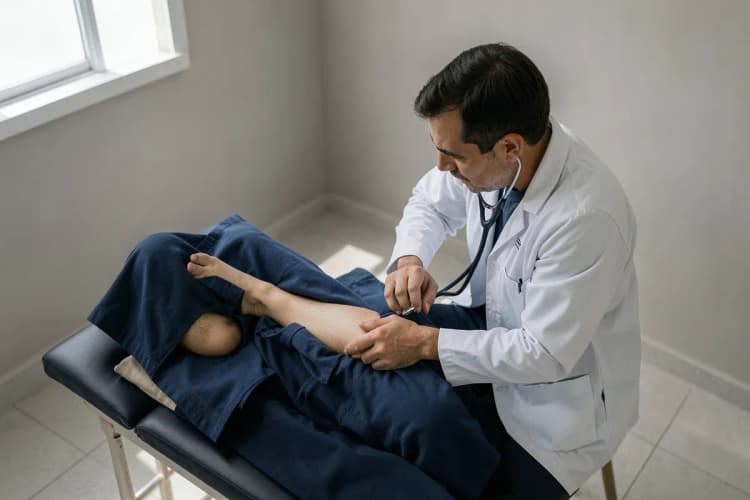 Médico examinando perna de paciente com vasinhos, termo de busca: consulta médica para varizes