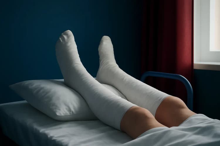 Paciente deitado em cama de hospital com pernas elevadas e enfaixadas, após cirurgia de varizes