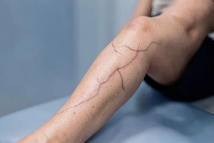 Perna de paciente com varizes sendo tratada com laser, mostrando melhora.