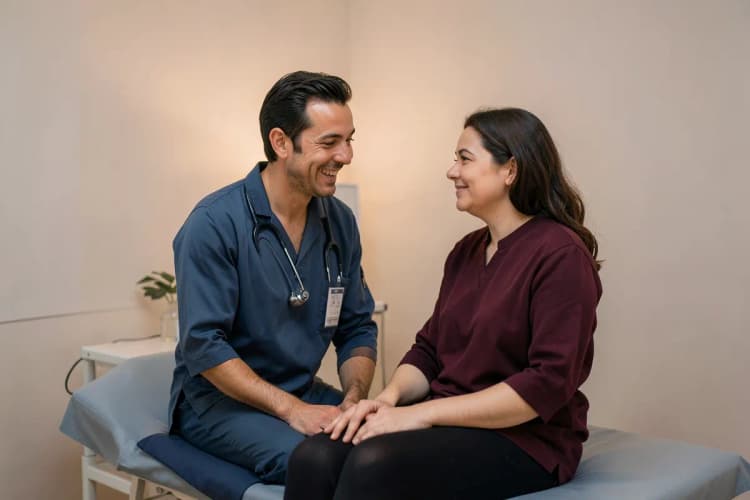 Médico(a) sorrindo para paciente após sucesso no tratamento de varizes a laser.
