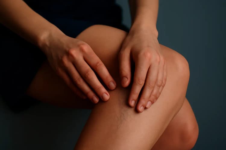 mulher sentindo dor ou desconforto nas pernas com vasinhos
