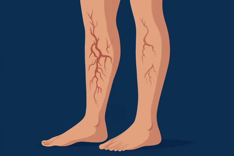 Pernas de uma pessoa com veias varicosas e vasinhos, indicando problemas circulatórios.